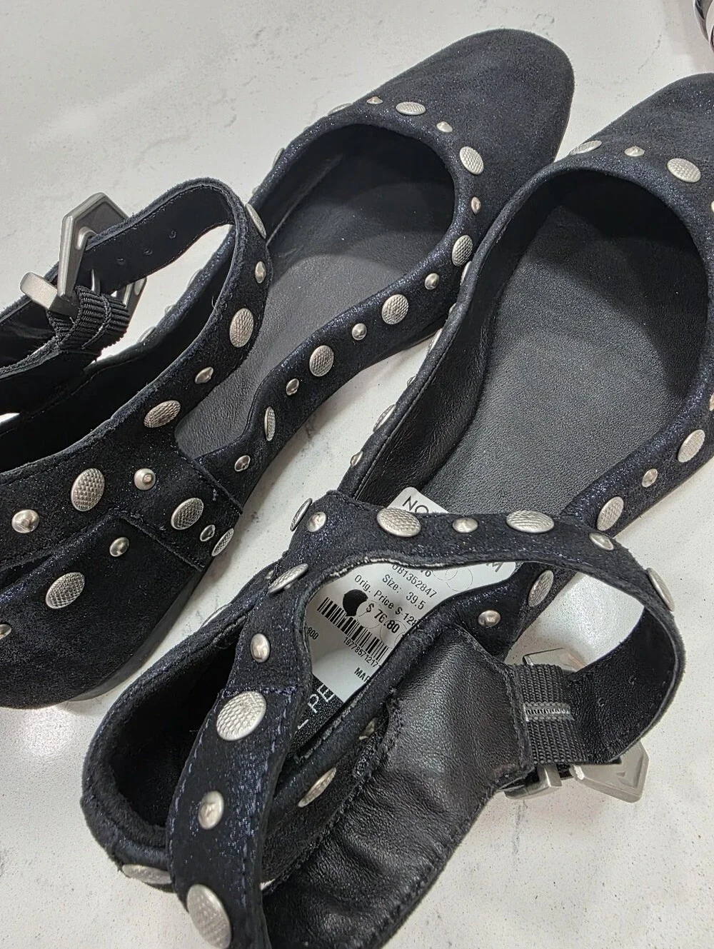 Free People Navy Metallic Mystic studded Mary Jane Flats size 9.5